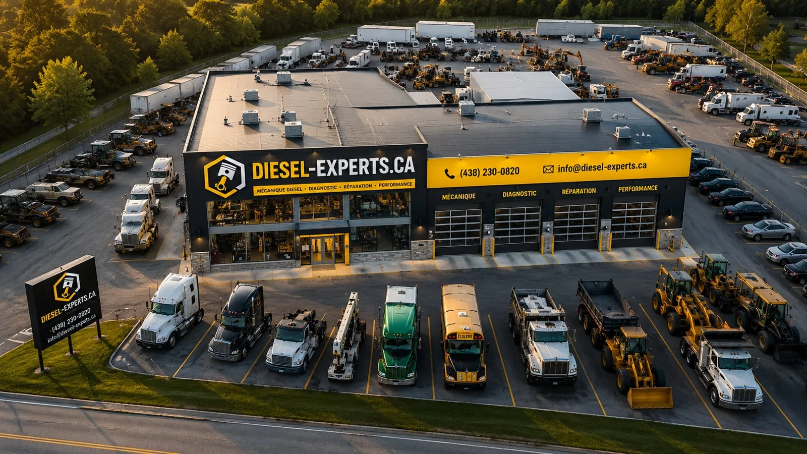 Camions, autobus et machinerie diesel à l'atelier