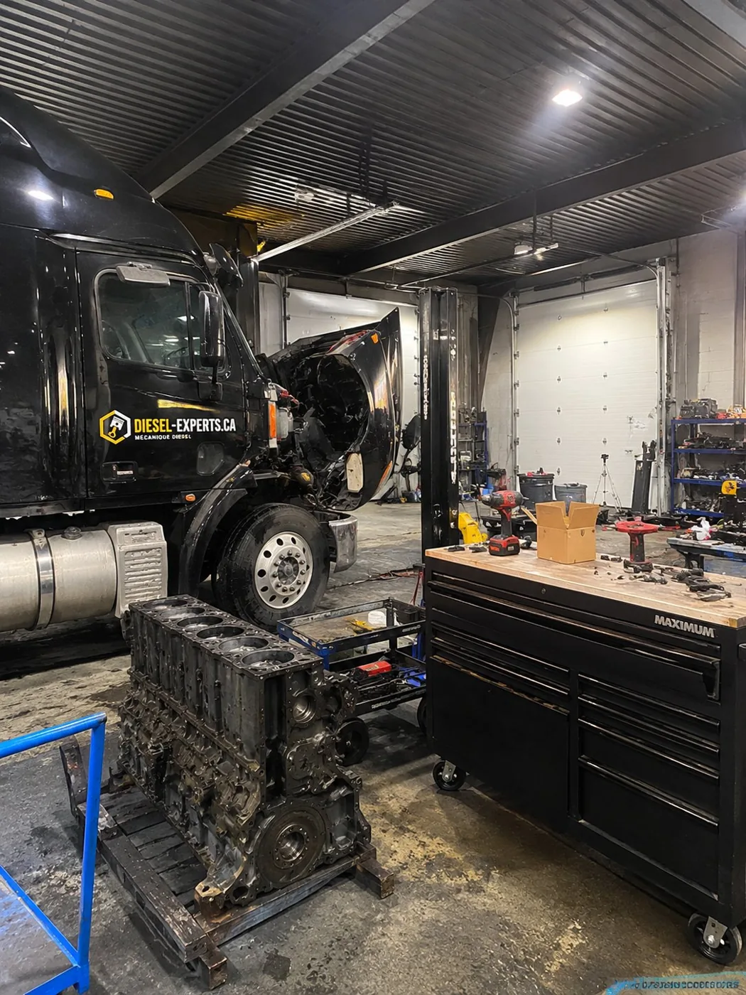 Réparation de moteur diesel en atelier